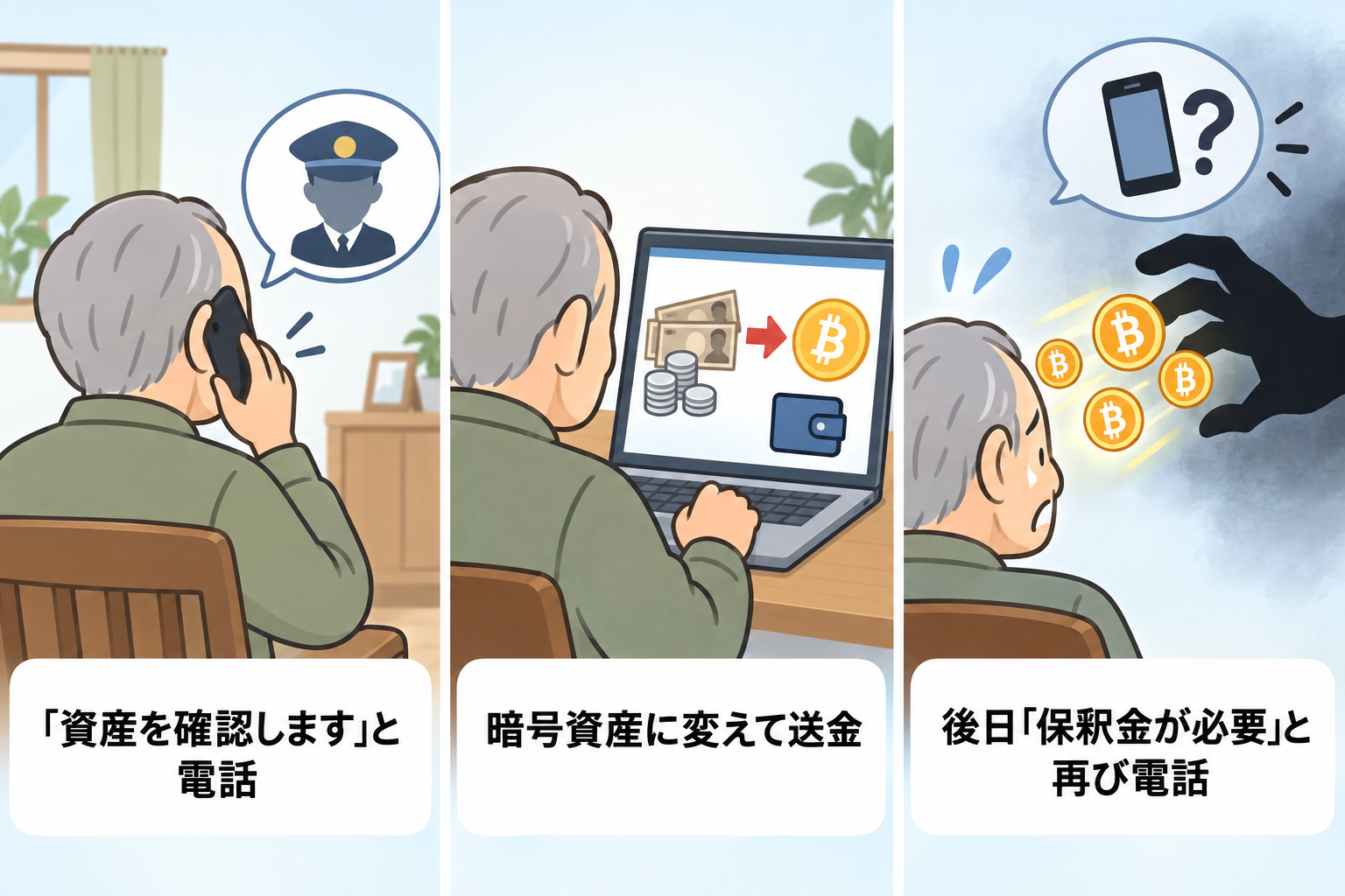 警察官を名乗る電話で資産を確認すると言われ暗号資産に変換させられる手口の3コマ図解