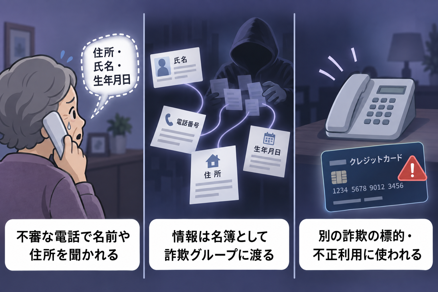個人情報を伝えてしまった後、情報が名簿化され別の詐欺に狙われる3コマ図解