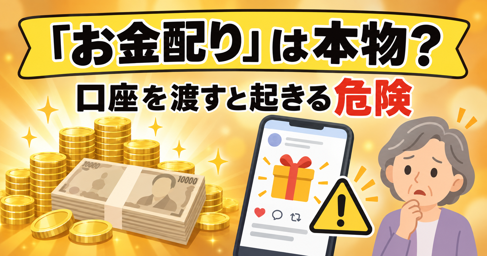 「お金配り」は本物か、口座を渡すと起きる危険を警告するアイキャッチ画像