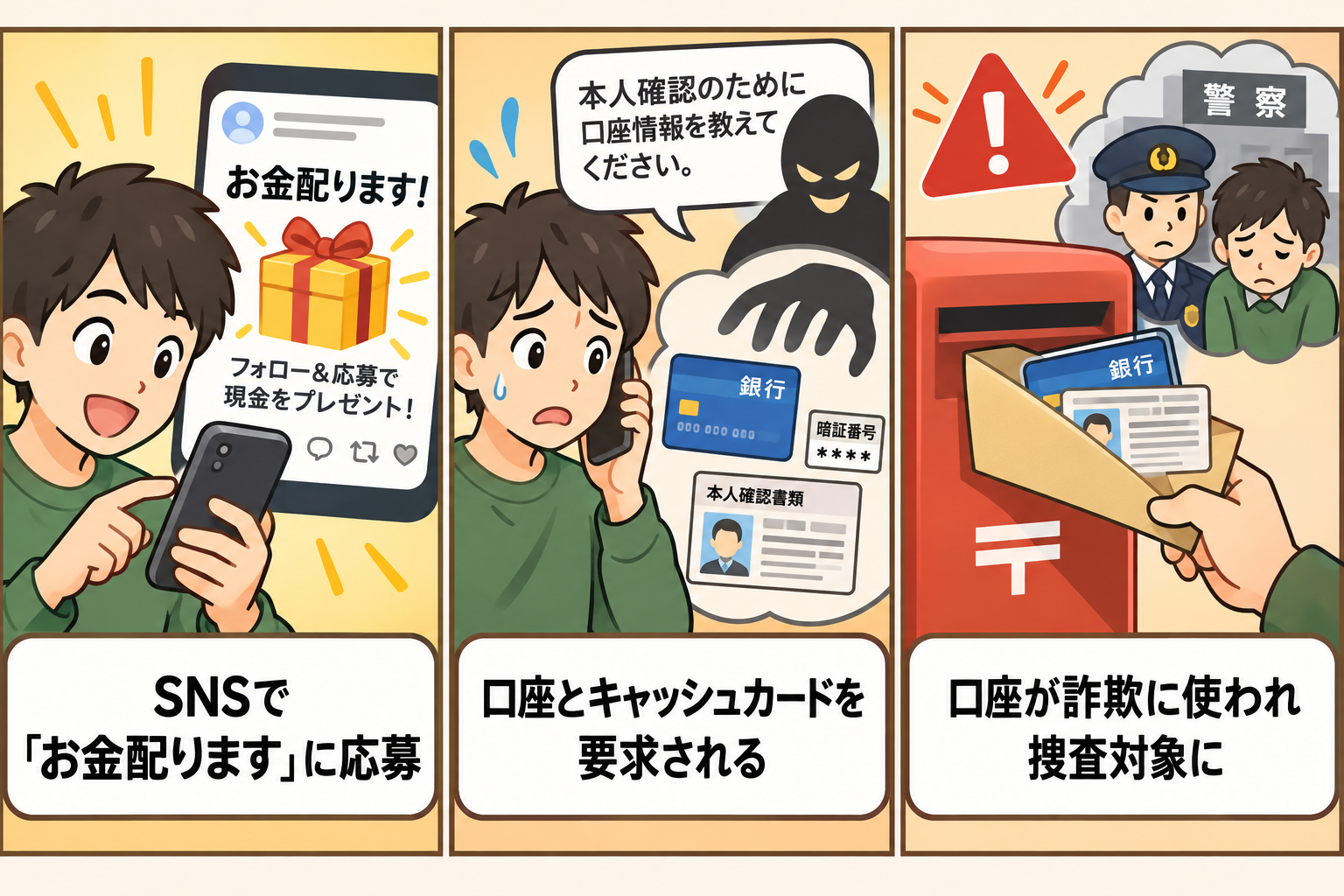 お金配りアカウントに応募してから口座とキャッシュカードを渡し、詐欺に使われるまでの手口を示す3コマ図解