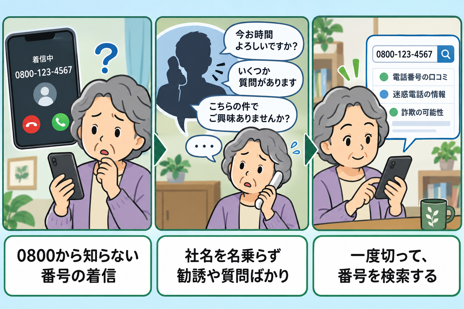 0800から電話が来た時の見分け方を示す3コマ図解:0800から知らない番号の着信、社名を名乗らず勧誘や個人情報を聞いてくる、一度切って番号を検索する