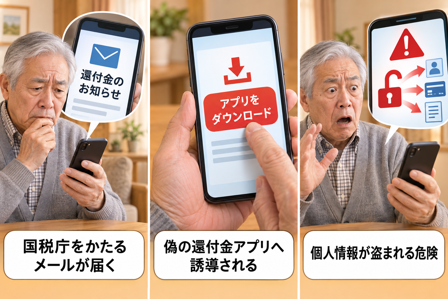国税庁をかたるメールから還付金アプリを装う不正アプリをインストールさせる手口の説明図