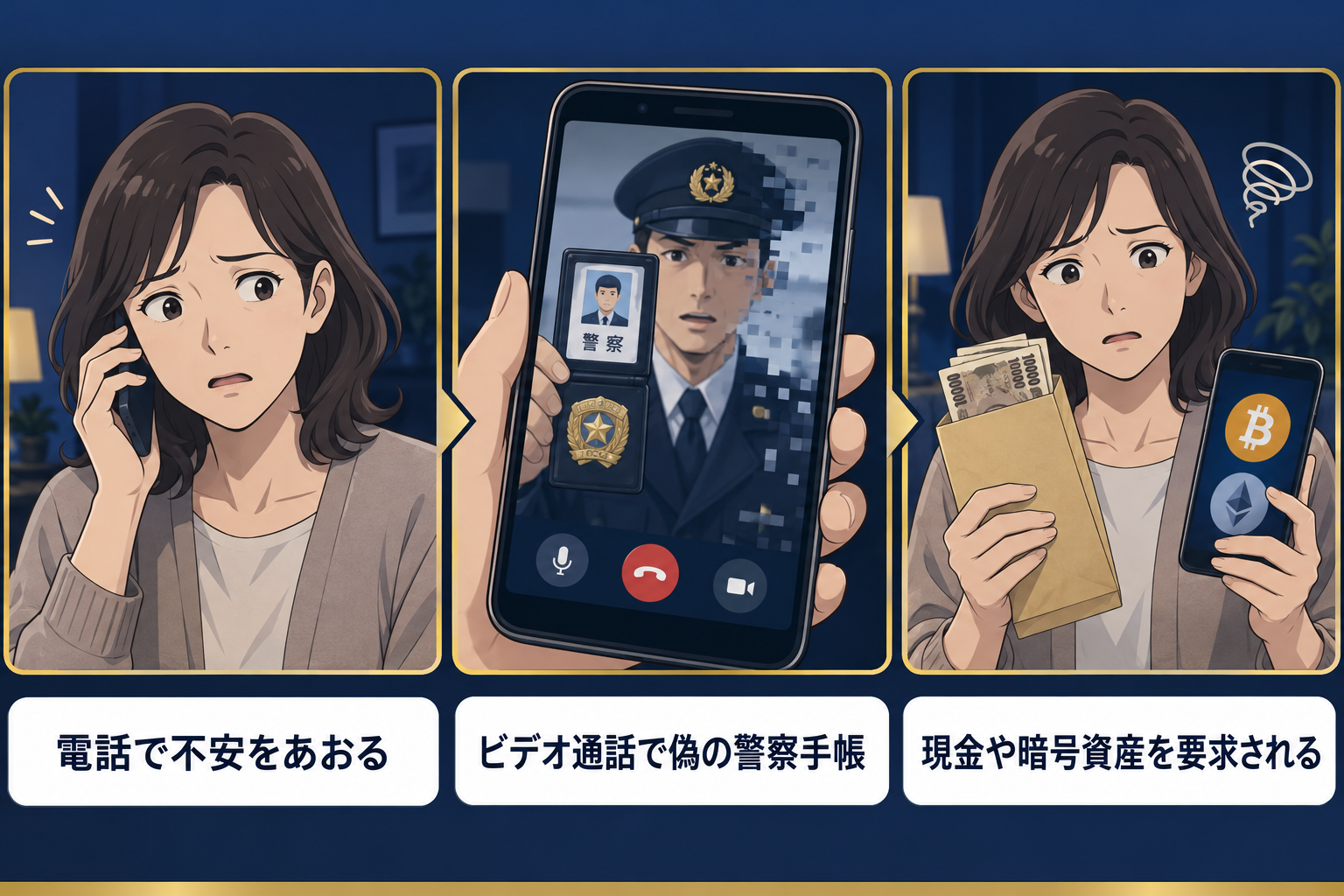 警察とビデオ通話で偽の警察手帳を見せる詐欺の手口を解説する3コマイラスト