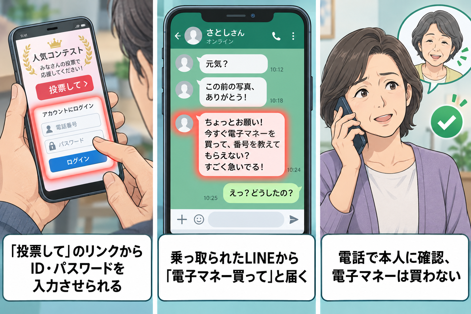 LINE乗っ取りの手口を示す図解。投票リンクからID・パスワードを盗まれ、乗っ取られたLINEから電子マネー購入を求められ、電話で本人確認する流れ