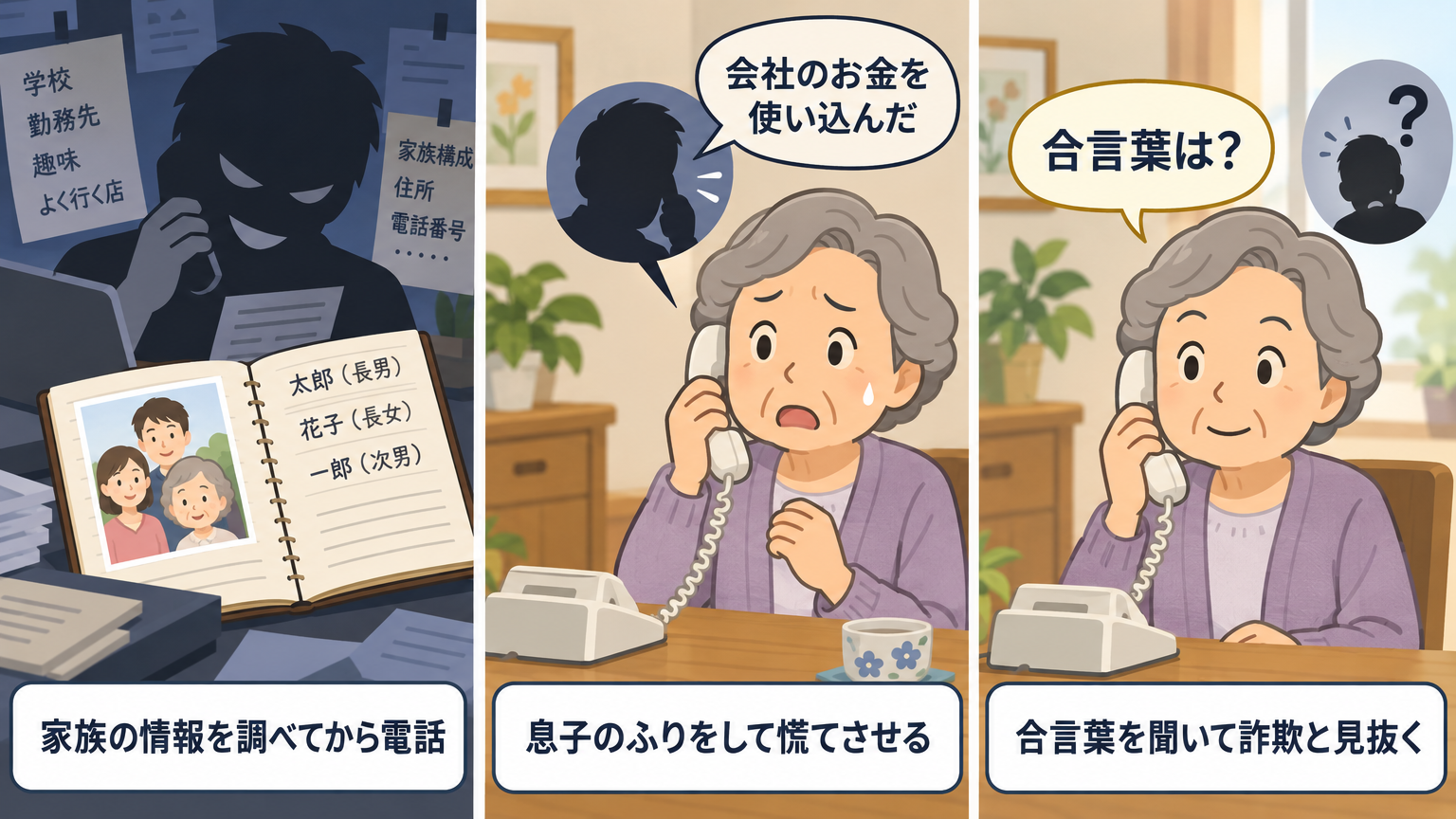 合言葉でオレオレ詐欺の電話を見抜くまでの3コマ図解