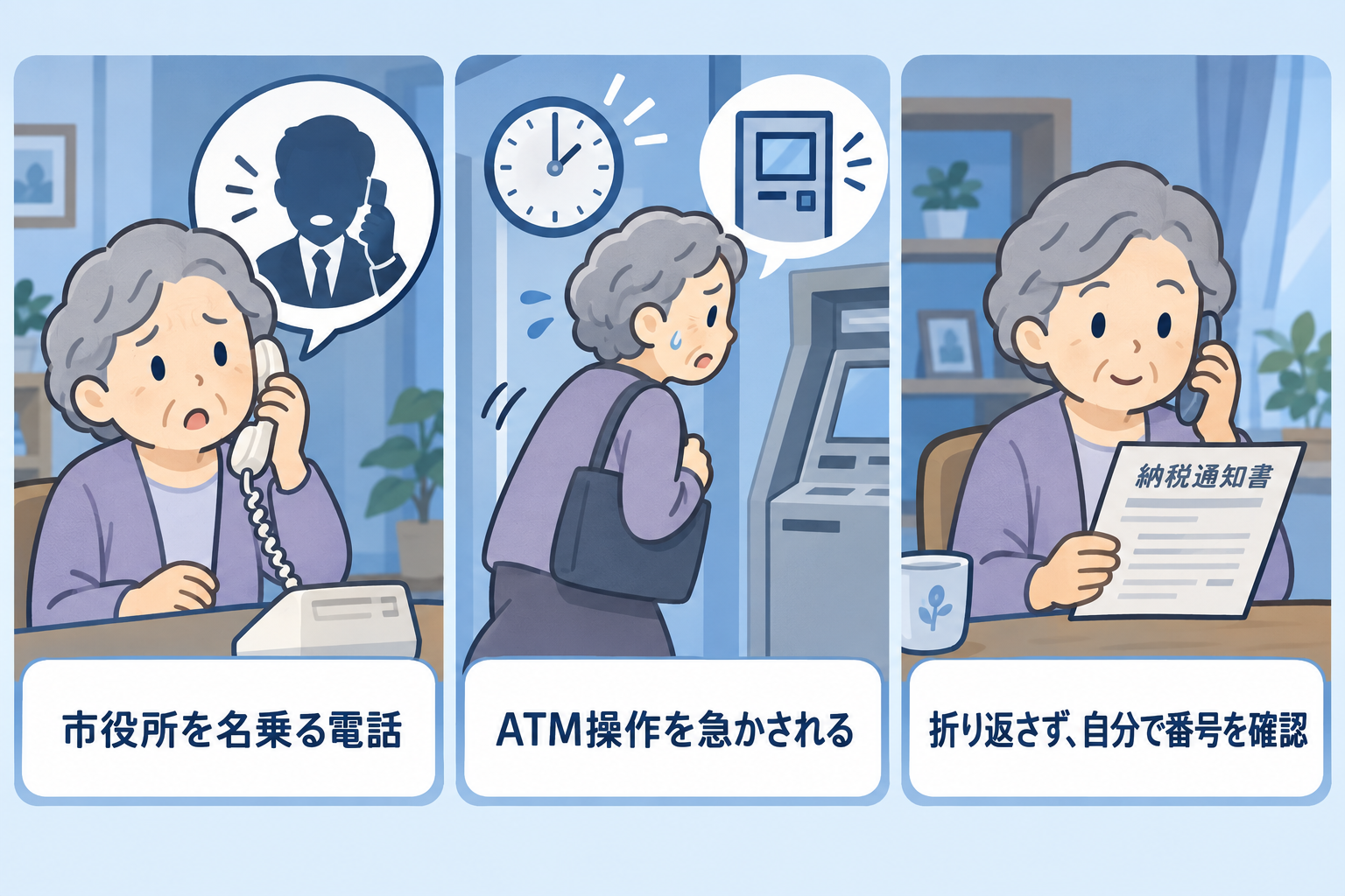 市役所を名乗る電話でATM操作を急かされる詐欺の手口と、折り返さず番号を確認する対策を示す3コマ図解