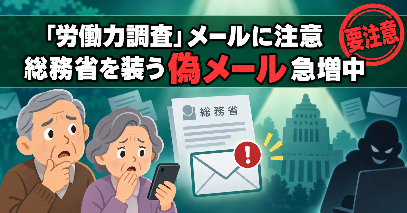 「労働力調査」メールに注意、総務省を装う偽メール急増中というアイキャッチ画像