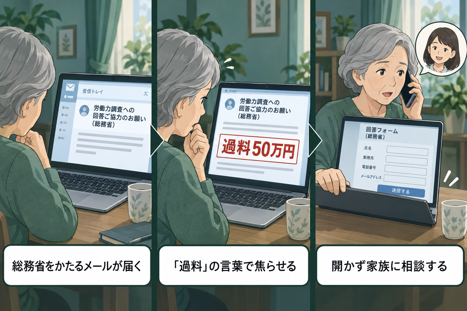 総務省をかたる「労働力調査」フィッシングメールの手口を示す3コマのイラスト