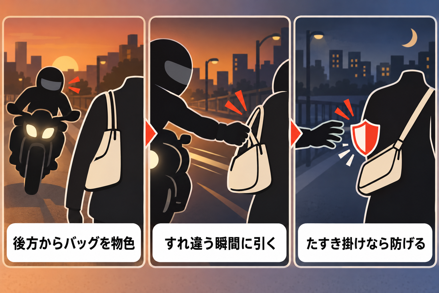 ひったくり対策の手口の図解、後方からバッグを狙われすれ違いざまに引かれる様子
