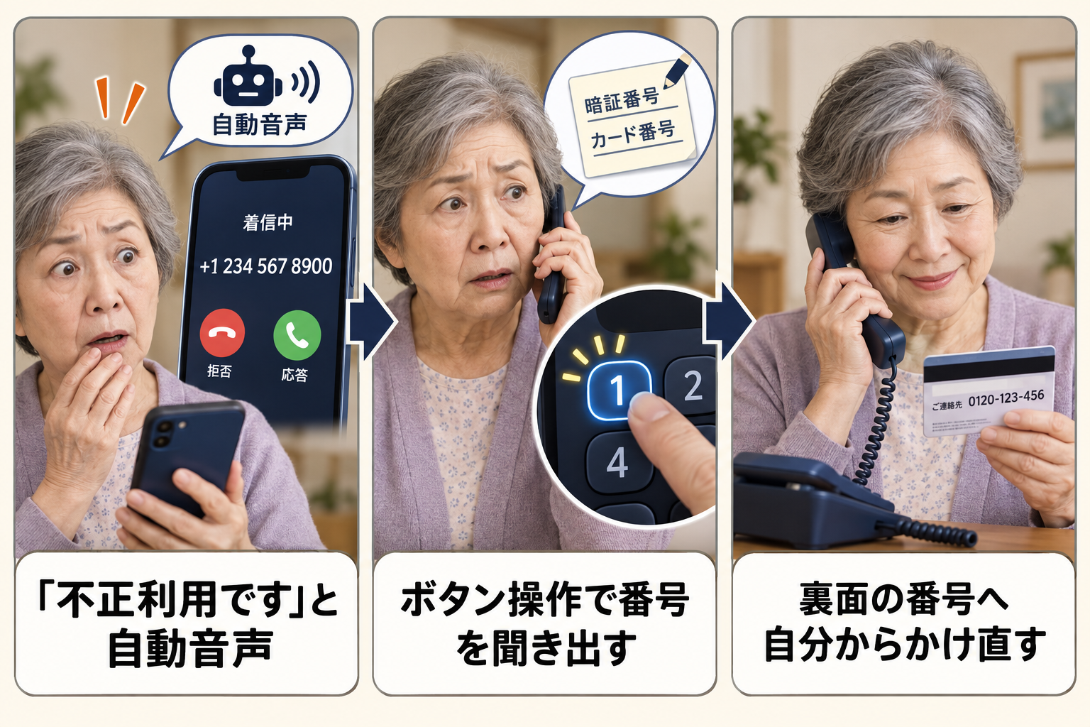 クレジットカード不正利用の電話でボタン操作から番号を聞き出す手口の図解