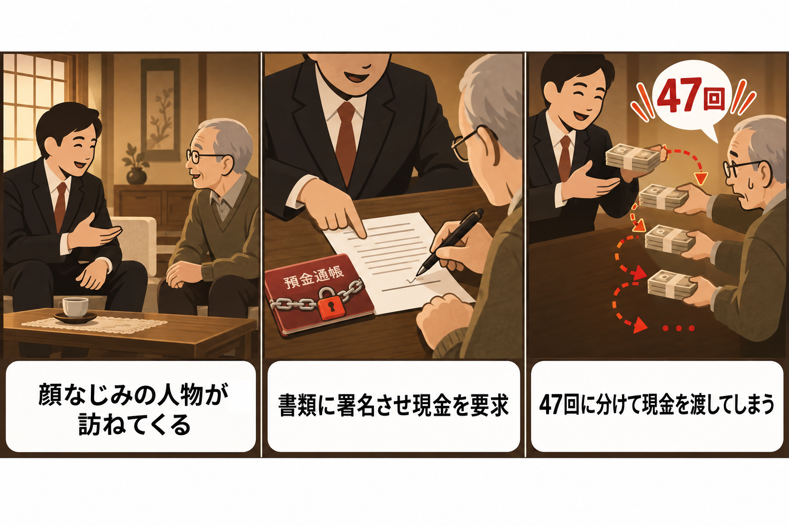 認知症で口座凍結と言われてお金を預ける詐欺の手口図解