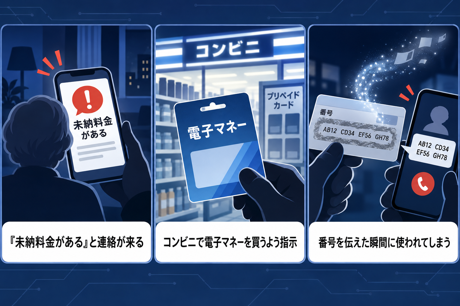 電子マネー詐欺でコンビニでの購入を指示され番号を聞き出される手口の図解