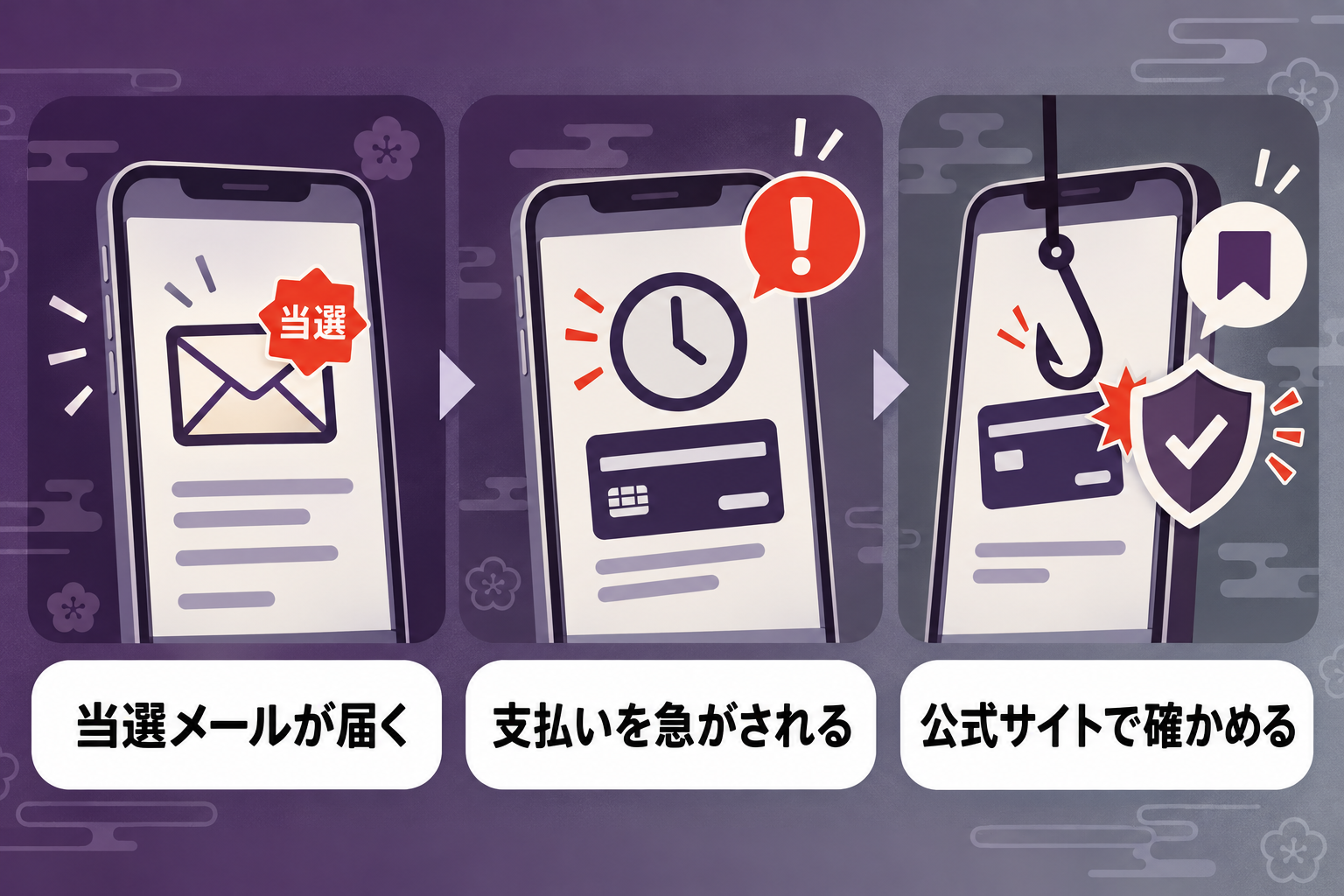イープラス当選メールを装うフィッシング詐欺の手口を示す3コマ図解、当選通知から支払いを急がせ偽サイトで情報を盗む流れ