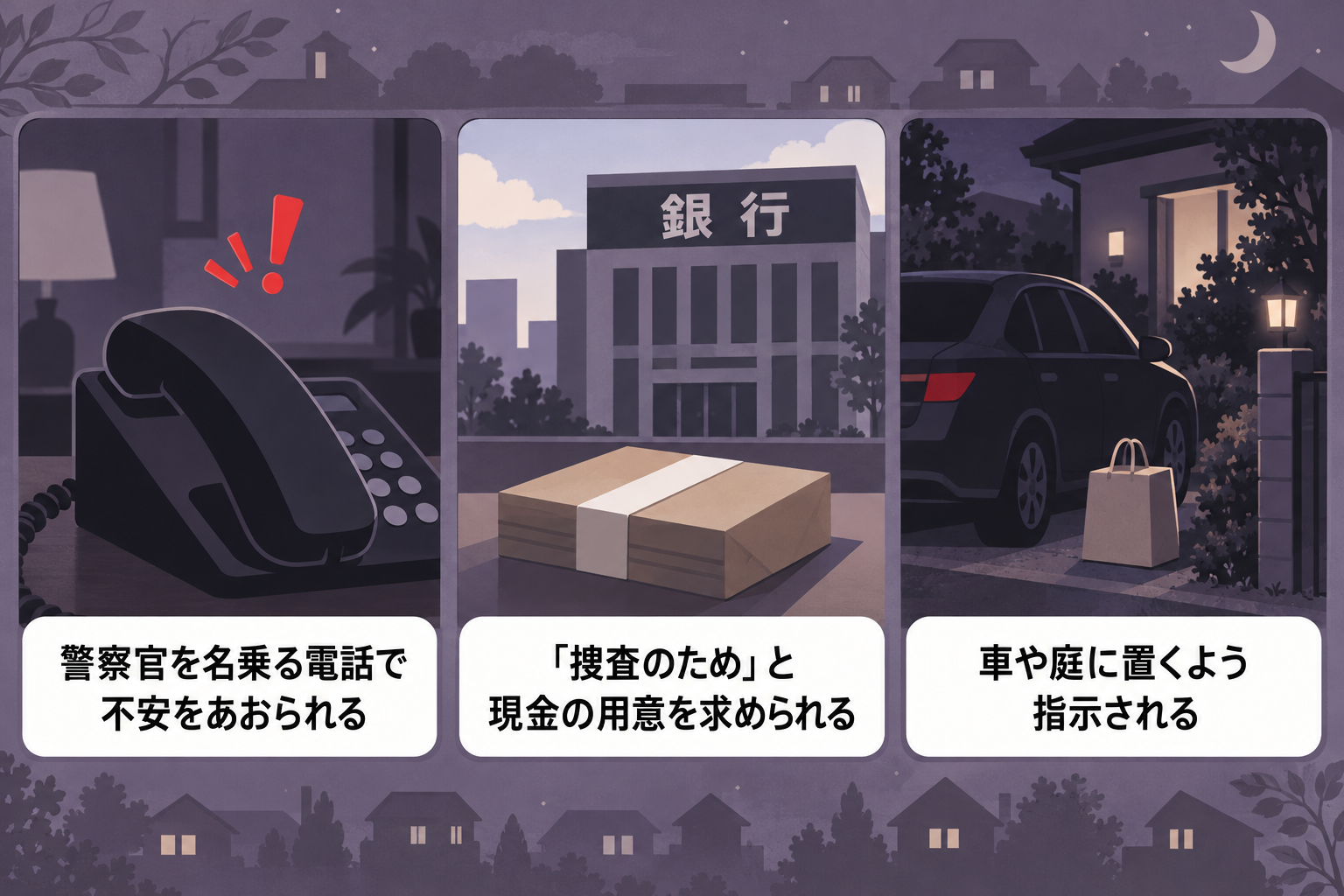 警察官電話で現金を車や庭に置かせるニセ警察詐欺の手口の図解