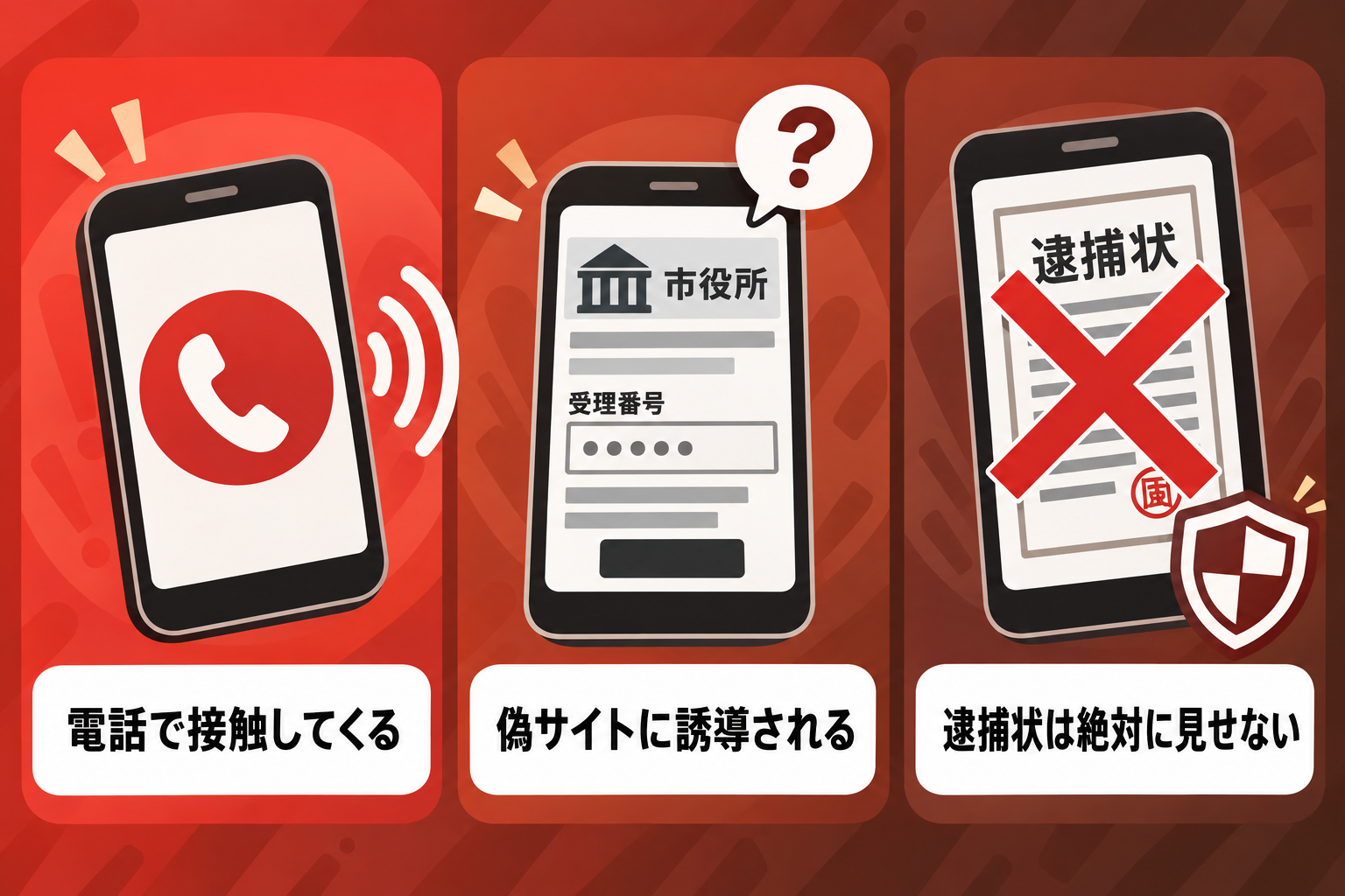 ニセ警察詐欺の手口を示す3コマ図解。電話での接触、LINEグループでの偽サイト誘導、偽の逮捕状表示の流れ