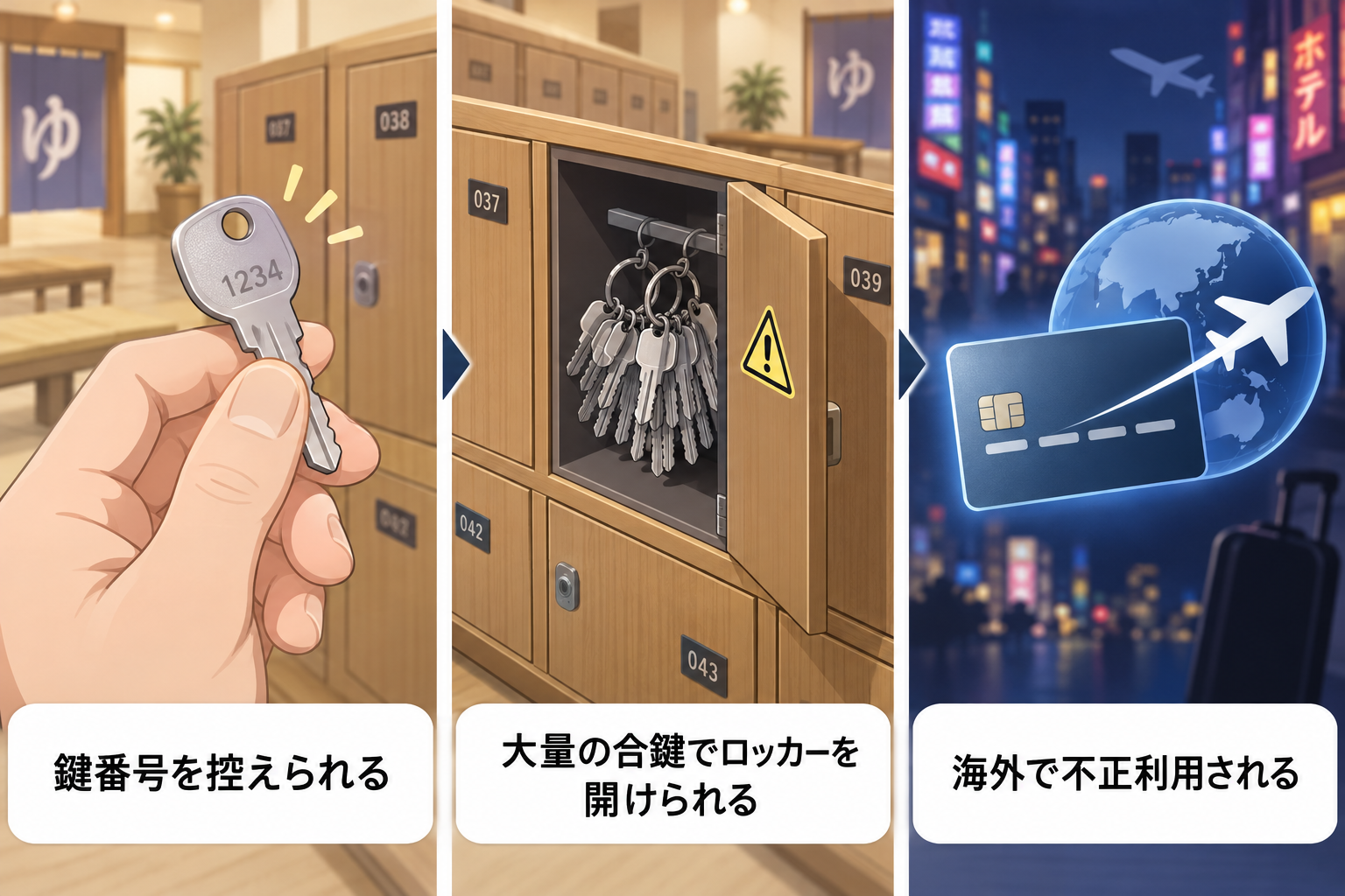 ロッカーの合鍵でICチップをすり替える手口の図解
