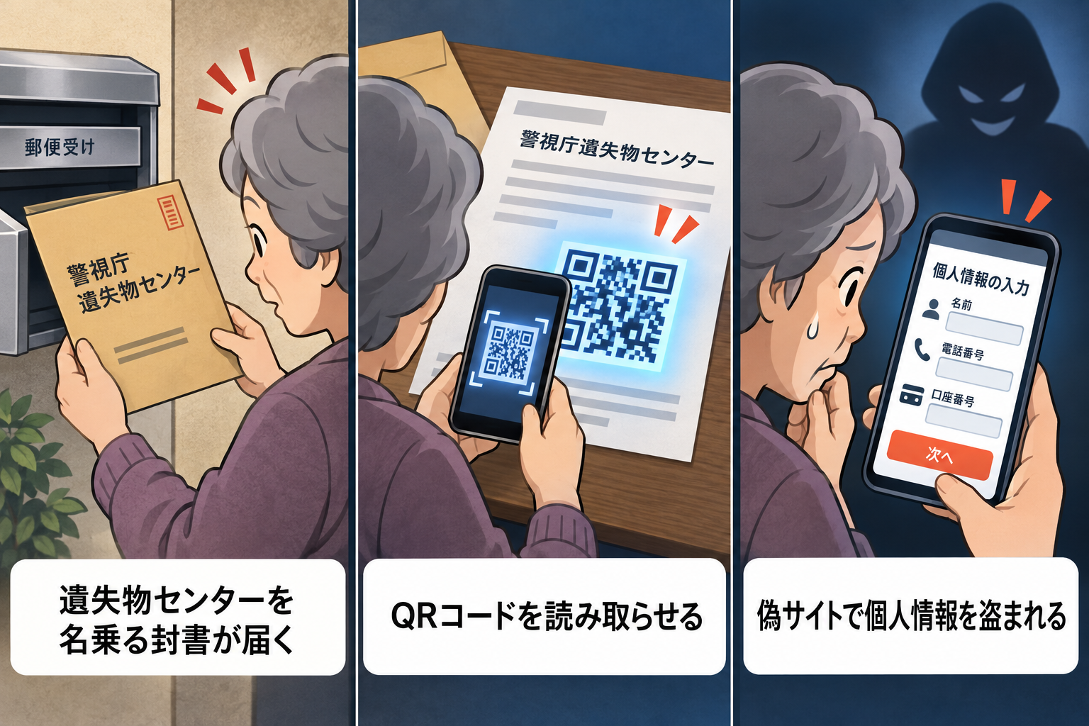 警視庁遺失物センターを騙る封書のQRコードで個人情報を盗まれる手口の図解