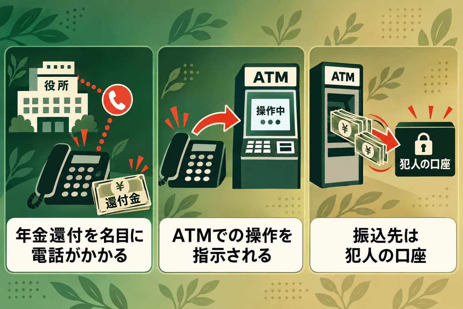 還付金詐欺の電話からATM操作で振り込ませるまでの手口の図解