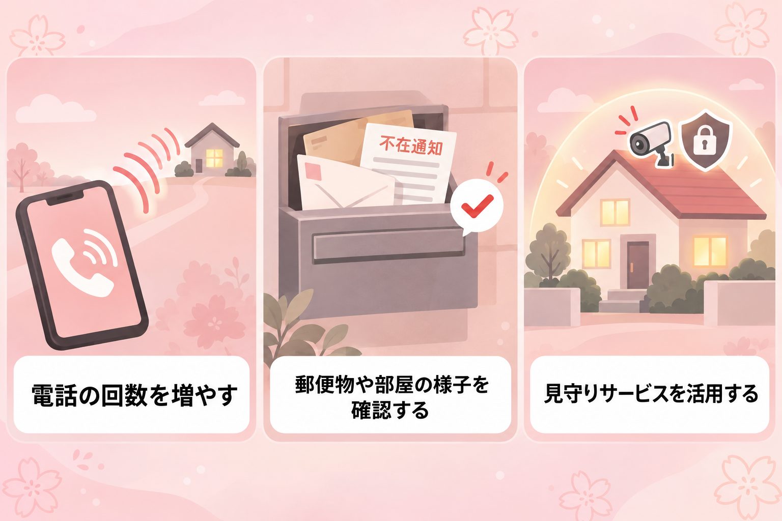 離れて暮らす親の見守り方法を示す3コマ図解。電話の回数を増やす、郵便物や様子を確認する、見守りサービスを活用する流れ