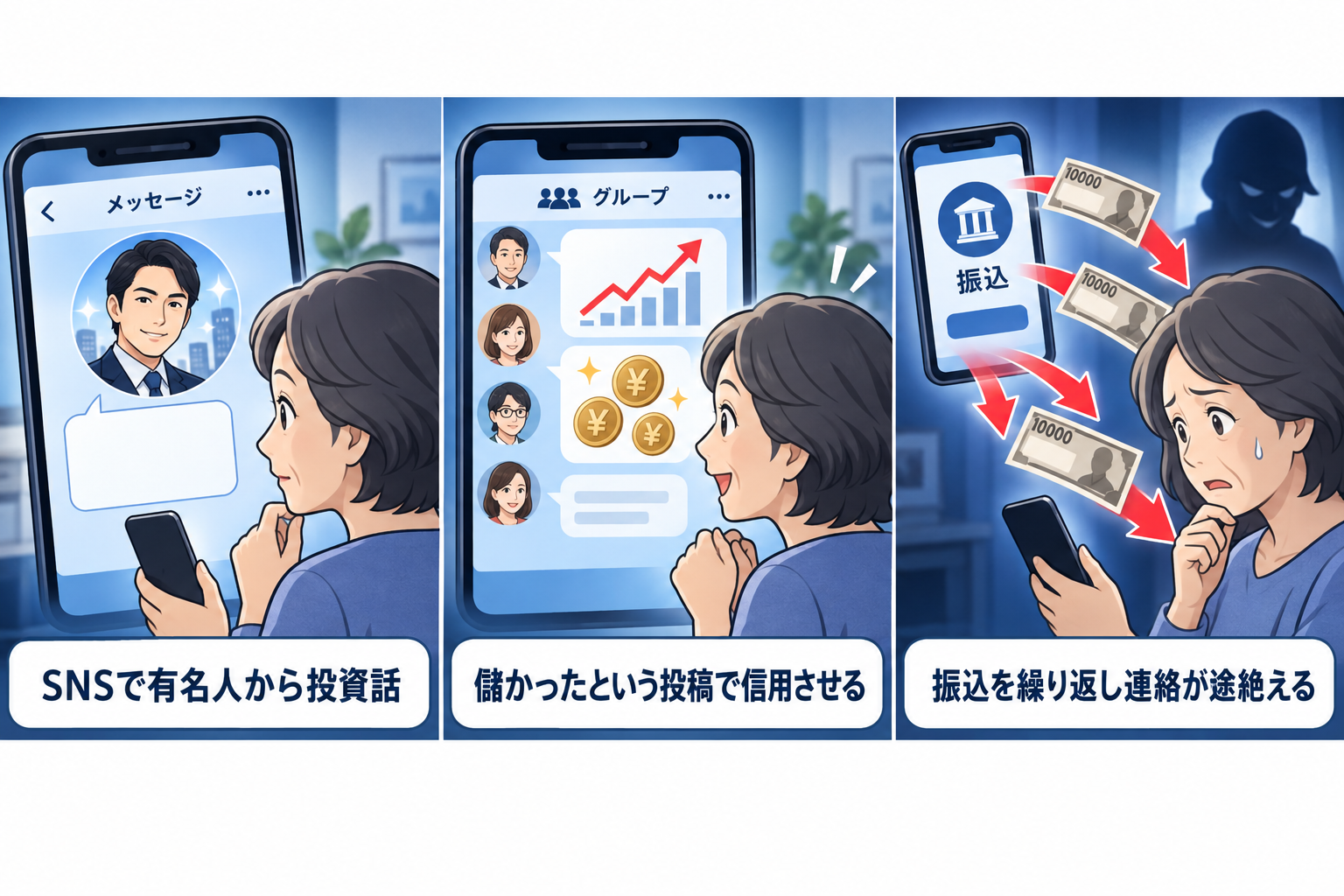 SNS投資詐欺の手口図解、著名人なりすましから投資グループへの誘導