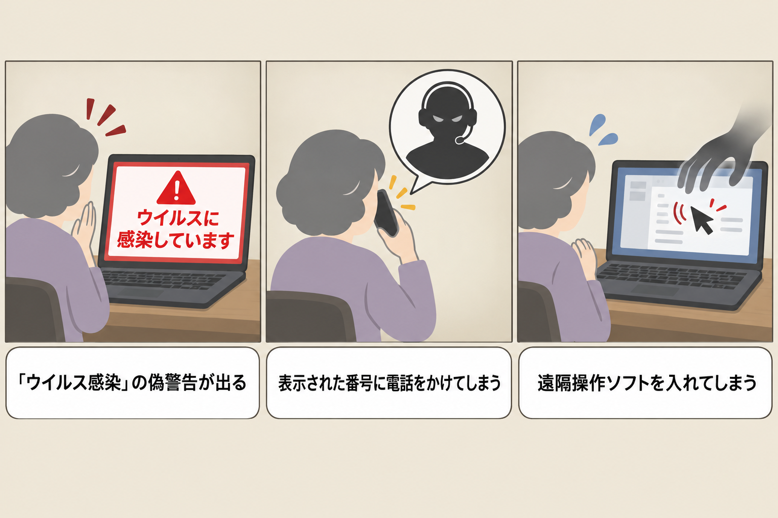 サポート詐欺で遠隔操作されてしまう手口の図解