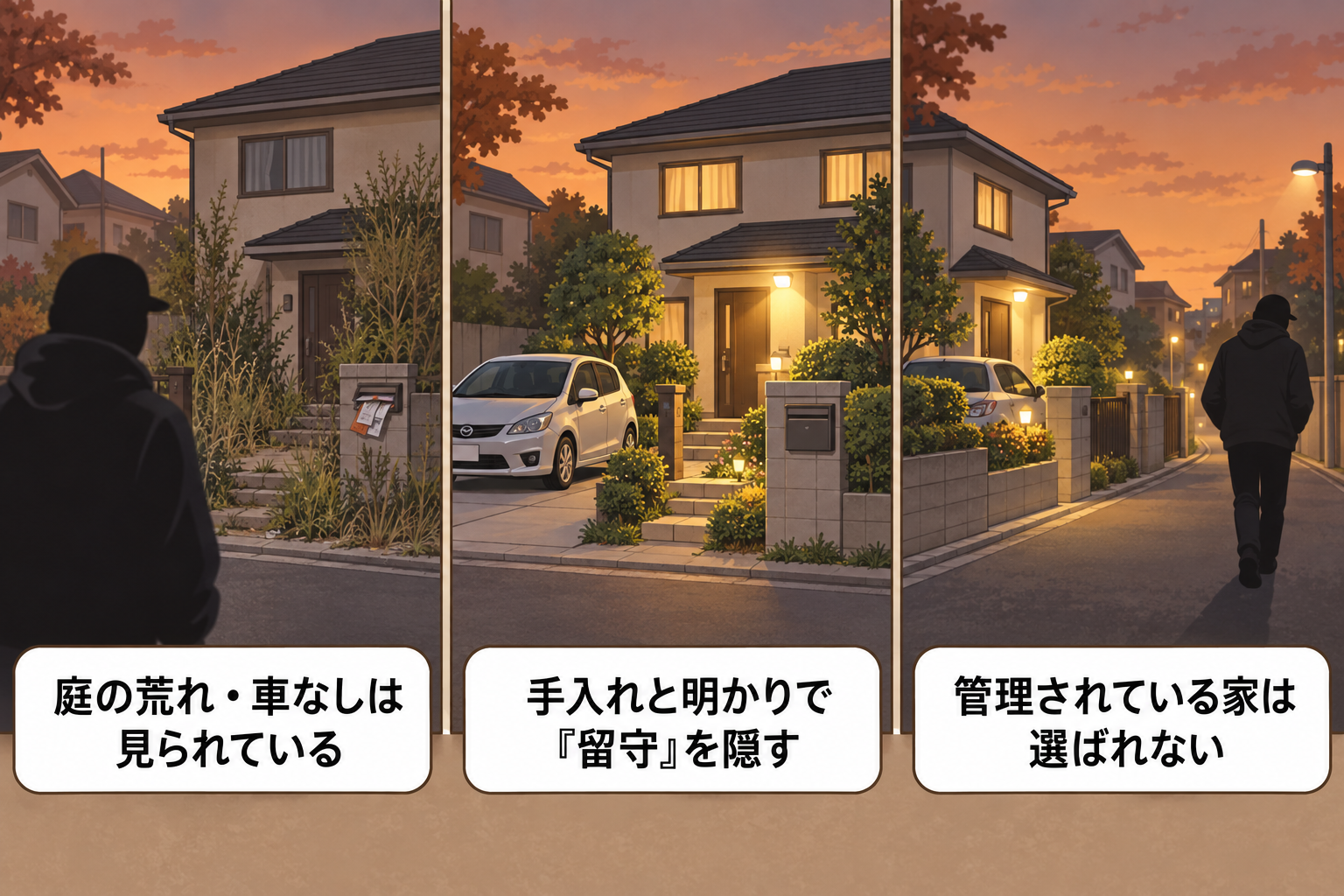 空き家侵入窃盗で泥棒が庭の荒れ・車の有無を見て標的を選ぶ様子の図解
